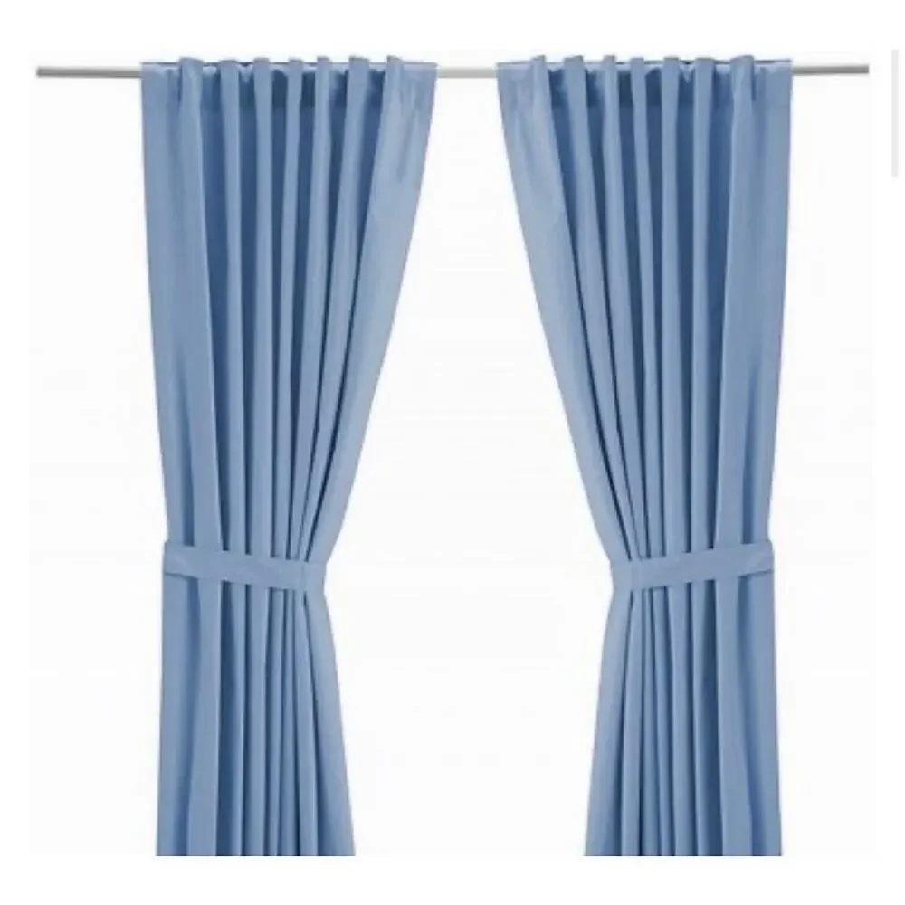 IKEA Ritva Light Blue Curtains w Tie Backs 57x128” Cotton Panels Pair Set of 2
